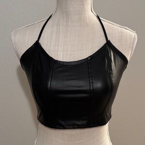 Black Halter Faux  Leather Crop Top